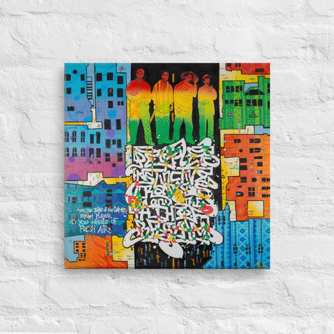 Toile imprimée "La rue en fête et l'homme oublié"